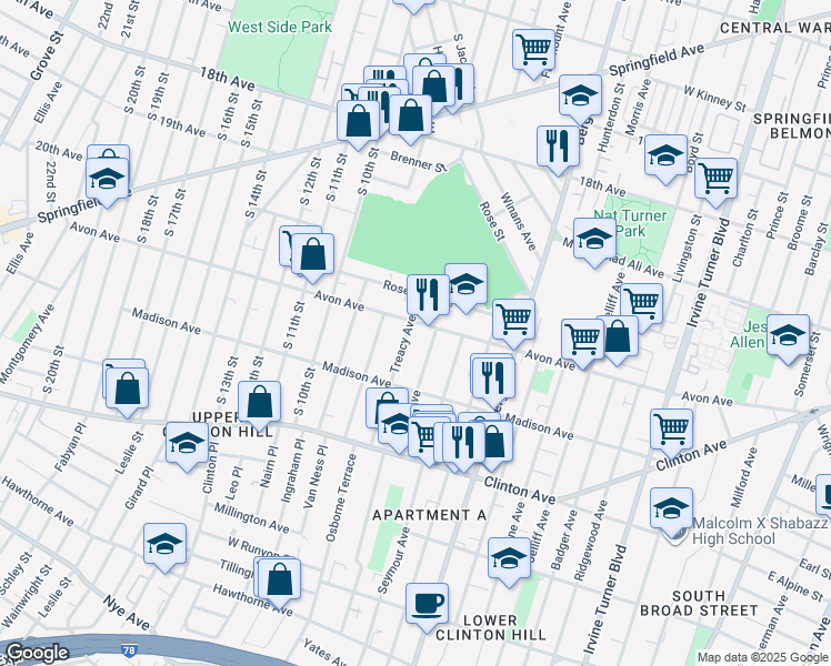 map of restaurants, bars, coffee shops, grocery stores, and more near 15 Farley Avenue in Newark