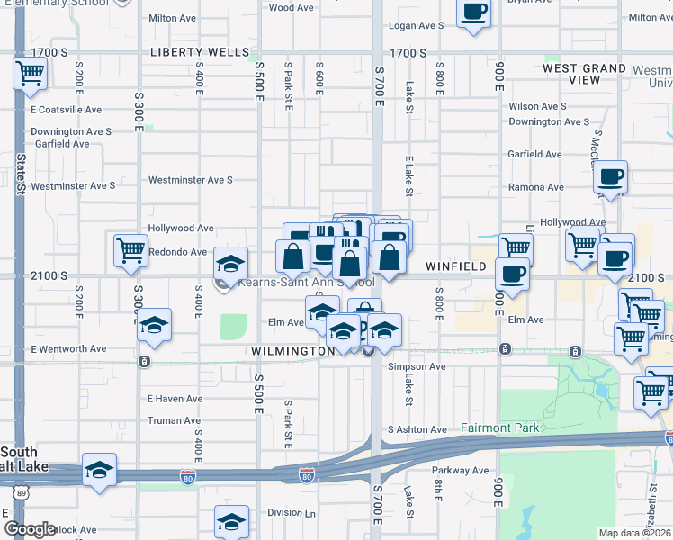 map of restaurants, bars, coffee shops, grocery stores, and more near 2118 South Green Street in Salt Lake City