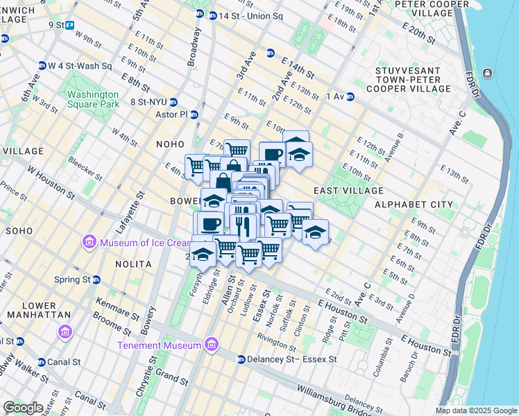 map of restaurants, bars, coffee shops, grocery stores, and more near 57 1st Avenue in New York