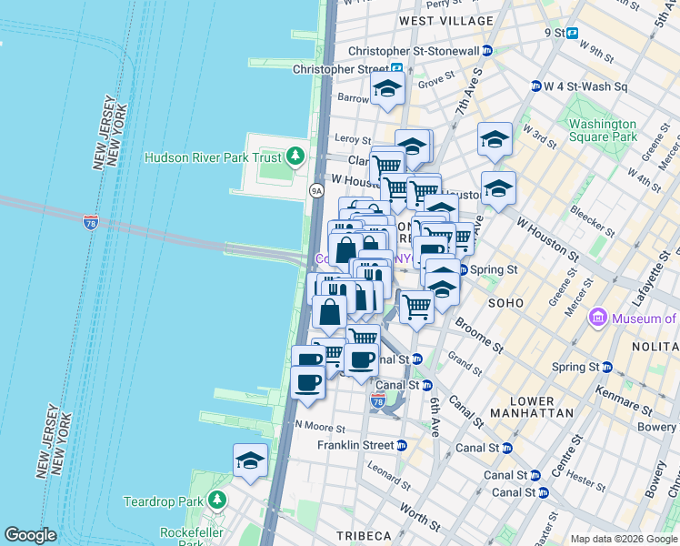 map of restaurants, bars, coffee shops, grocery stores, and more near 330 Spring Street in New York