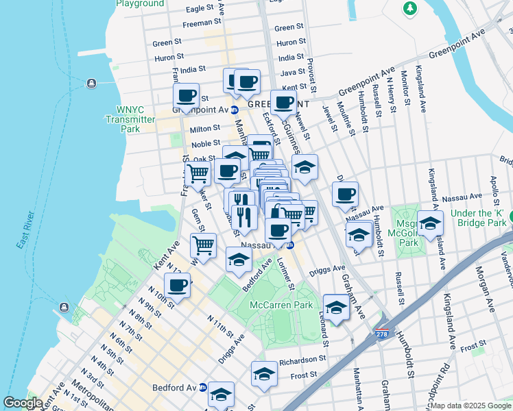 map of restaurants, bars, coffee shops, grocery stores, and more near 62 Norman Avenue in Brooklyn