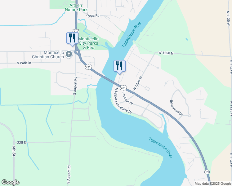 map of restaurants, bars, coffee shops, grocery stores, and more near 12179 North Upper Lakeshore Drive in Monticello