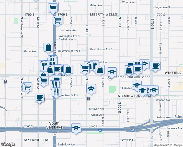 map of restaurants, bars, coffee shops, grocery stores, and more near 321 East 2100 South in Salt Lake City