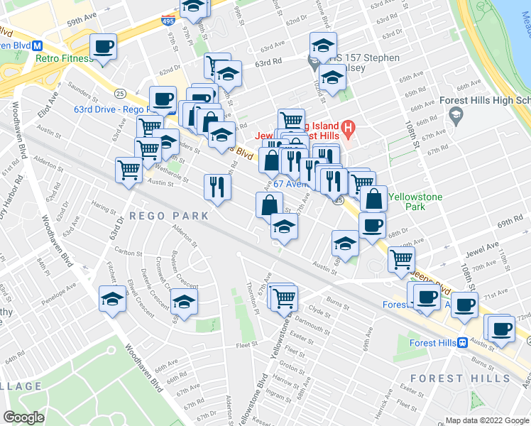 map of restaurants, bars, coffee shops, grocery stores, and more near 66-17 Austin Street in Queens