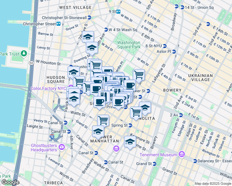 map of restaurants, bars, coffee shops, grocery stores, and more near 110 Prince Street in New York