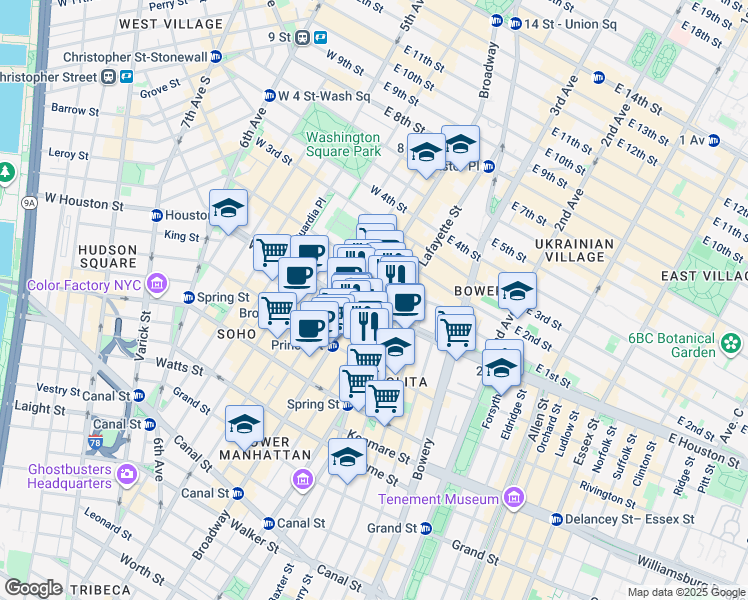 map of restaurants, bars, coffee shops, grocery stores, and more near 622 Broadway in New York