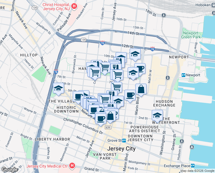 map of restaurants, bars, coffee shops, grocery stores, and more near 632 Jersey Avenue in Jersey City