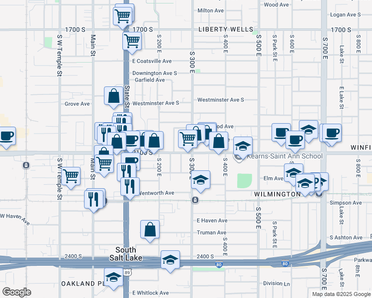 map of restaurants, bars, coffee shops, grocery stores, and more near 273 East 2100 South in Salt Lake City