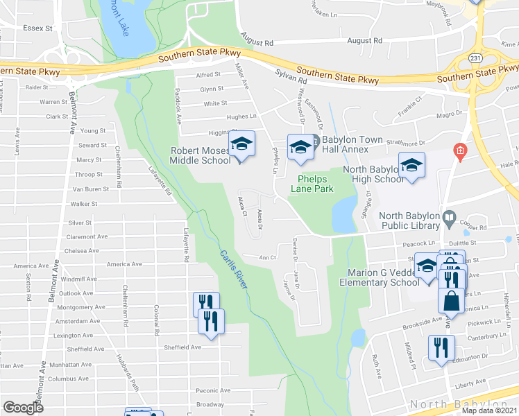 map of restaurants, bars, coffee shops, grocery stores, and more near 156 Alicia Drive in North Babylon