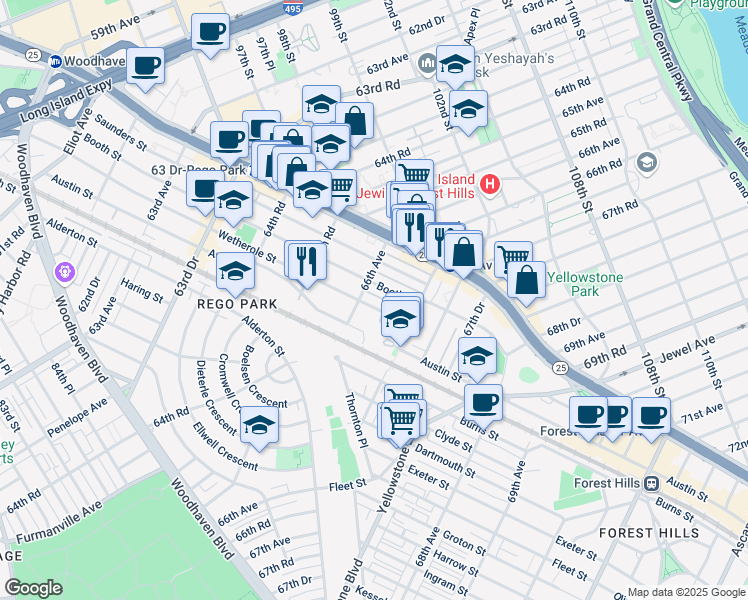 map of restaurants, bars, coffee shops, grocery stores, and more near 66-17 Austin Street in Queens