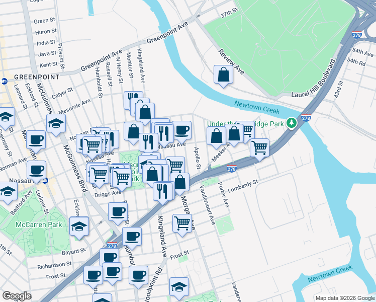 map of restaurants, bars, coffee shops, grocery stores, and more near 68 Hausman Street in Brooklyn