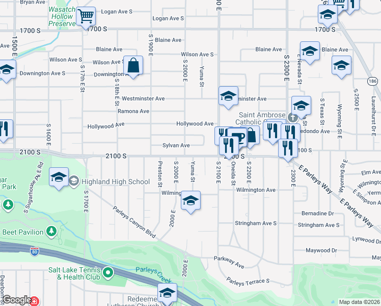 map of restaurants, bars, coffee shops, grocery stores, and more near 2018 East 2100 South in Salt Lake City