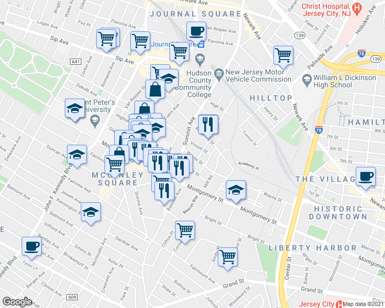 map of restaurants, bars, coffee shops, grocery stores, and more near 452 Wayne Street in Jersey City