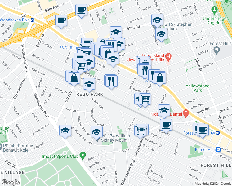 map of restaurants, bars, coffee shops, grocery stores, and more near 6560 Austin Street in Queens