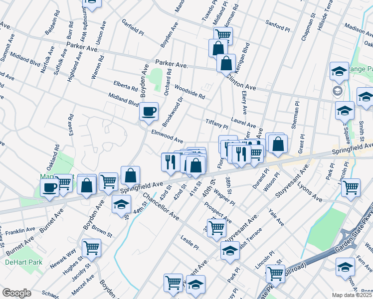 map of restaurants, bars, coffee shops, grocery stores, and more near 23 Franklin Terrace in Irvington