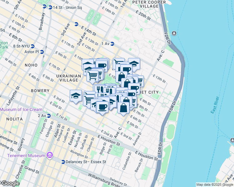 map of restaurants, bars, coffee shops, grocery stores, and more near Avenue B in New York