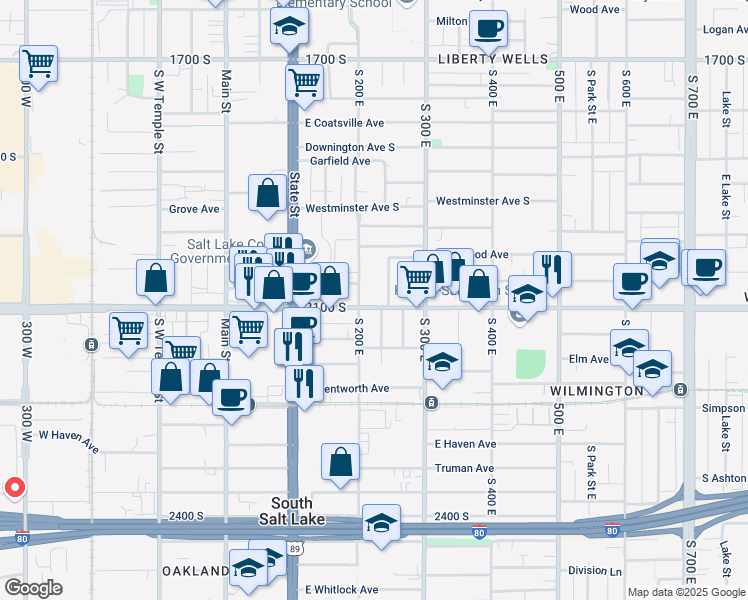 map of restaurants, bars, coffee shops, grocery stores, and more near 204 East 2100 South in South Salt Lake
