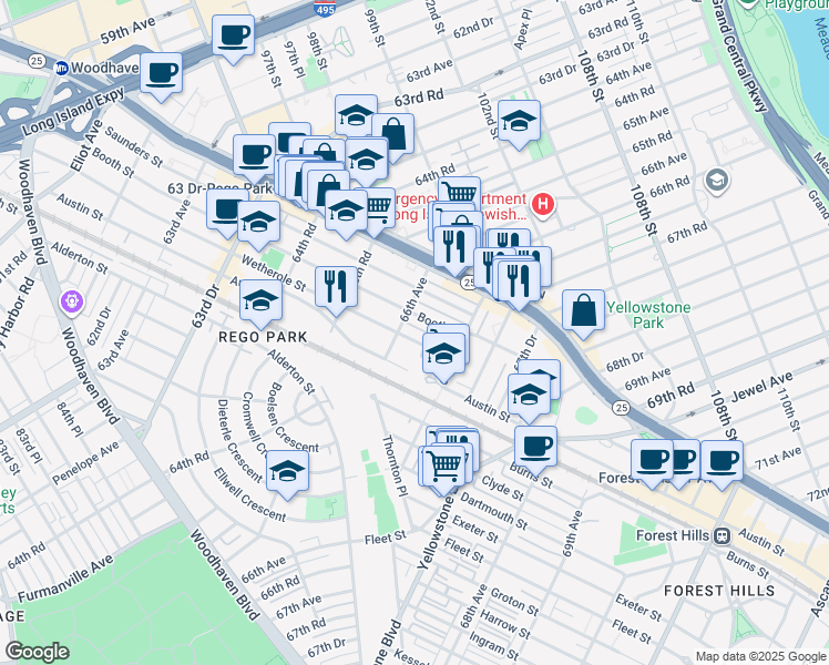 map of restaurants, bars, coffee shops, grocery stores, and more near 66-15 Wetherole Street in Queens