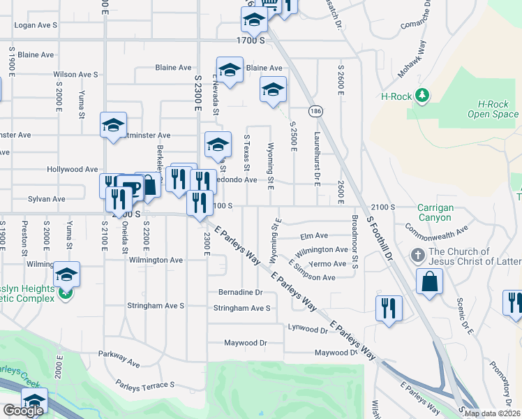 map of restaurants, bars, coffee shops, grocery stores, and more near 2134 Wyoming Street East in Salt Lake City