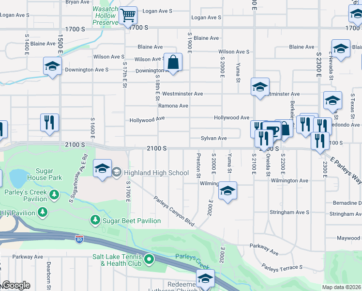map of restaurants, bars, coffee shops, grocery stores, and more near 2119 South 1900 East in Salt Lake City