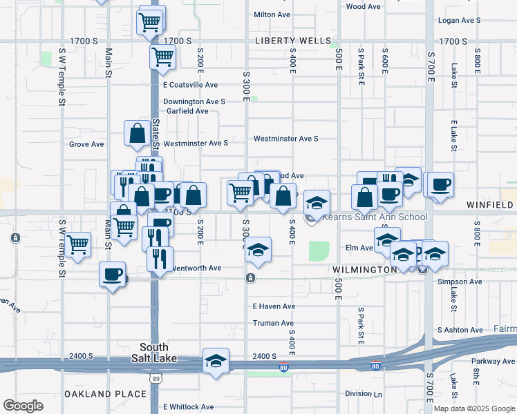 map of restaurants, bars, coffee shops, grocery stores, and more near 2121 South 300 East in Salt Lake City