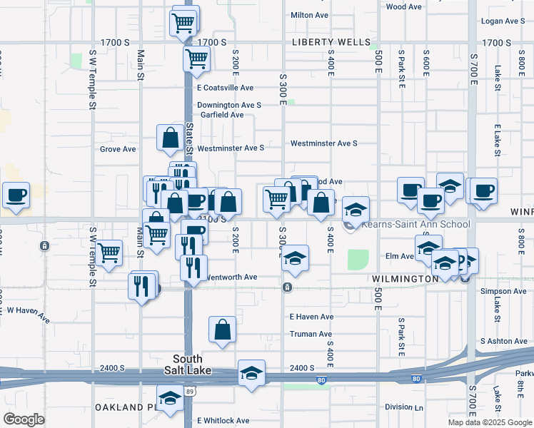 map of restaurants, bars, coffee shops, grocery stores, and more near 2123 South Roberta Street in South Salt Lake