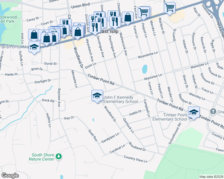 map of restaurants, bars, coffee shops, grocery stores, and more near 19 Gwendolyn Place in East Islip
