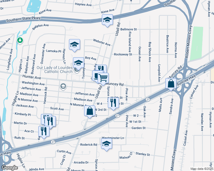 map of restaurants, bars, coffee shops, grocery stores, and more near 119 West 6th Street in West Islip