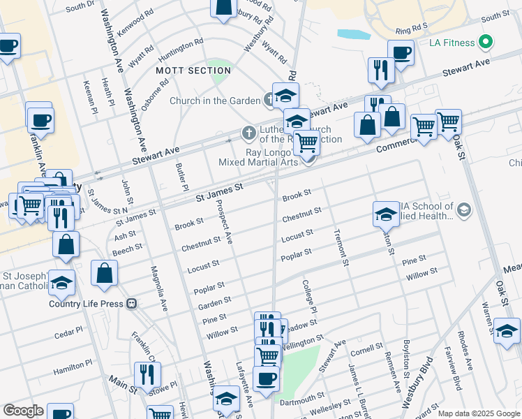 map of restaurants, bars, coffee shops, grocery stores, and more near 53 Chestnut Street in Garden City