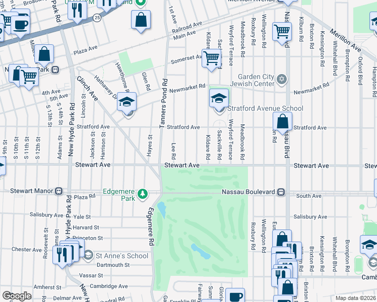 map of restaurants, bars, coffee shops, grocery stores, and more near 165 Stewart Avenue in Garden City