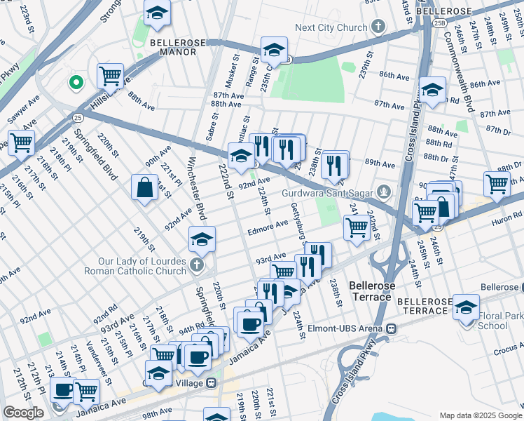 map of restaurants, bars, coffee shops, grocery stores, and more near 92-60 224th Street in Queens