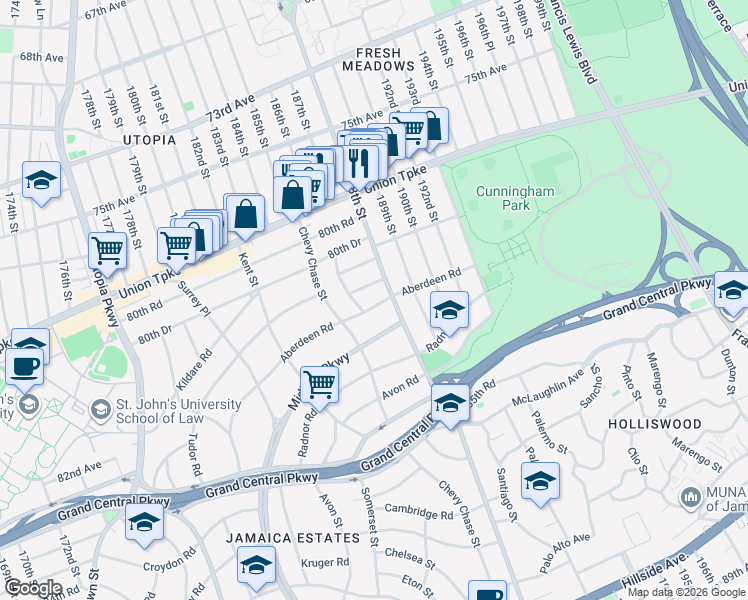map of restaurants, bars, coffee shops, grocery stores, and more near 186-28 Aberdeen Road in Queens