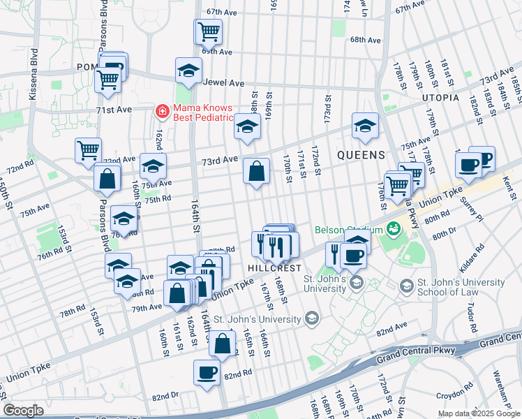 map of restaurants, bars, coffee shops, grocery stores, and more near 76-41 167th Street in Queens