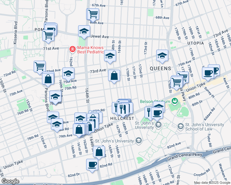 map of restaurants, bars, coffee shops, grocery stores, and more near 76-41 167th Street in Queens