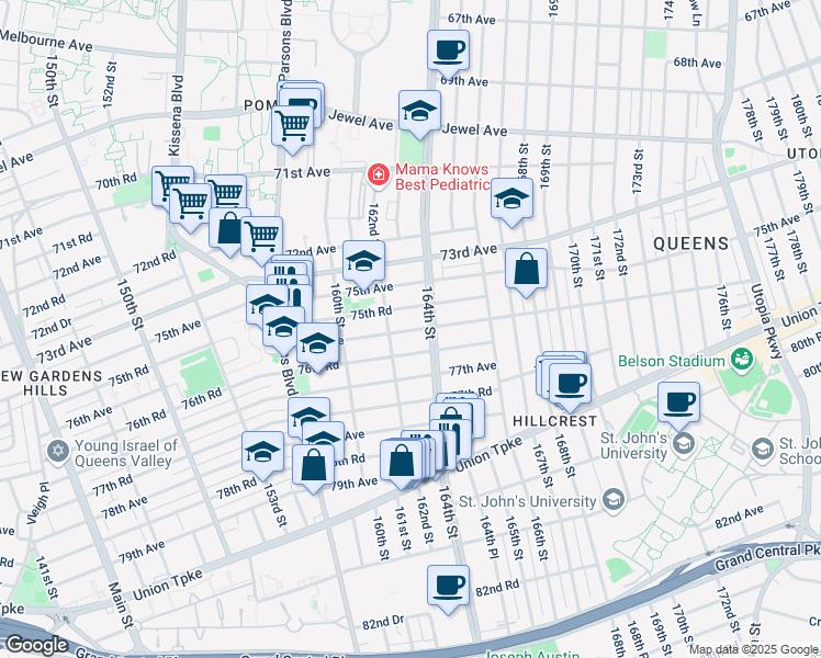 map of restaurants, bars, coffee shops, grocery stores, and more near 162-17 76th Road in Queens