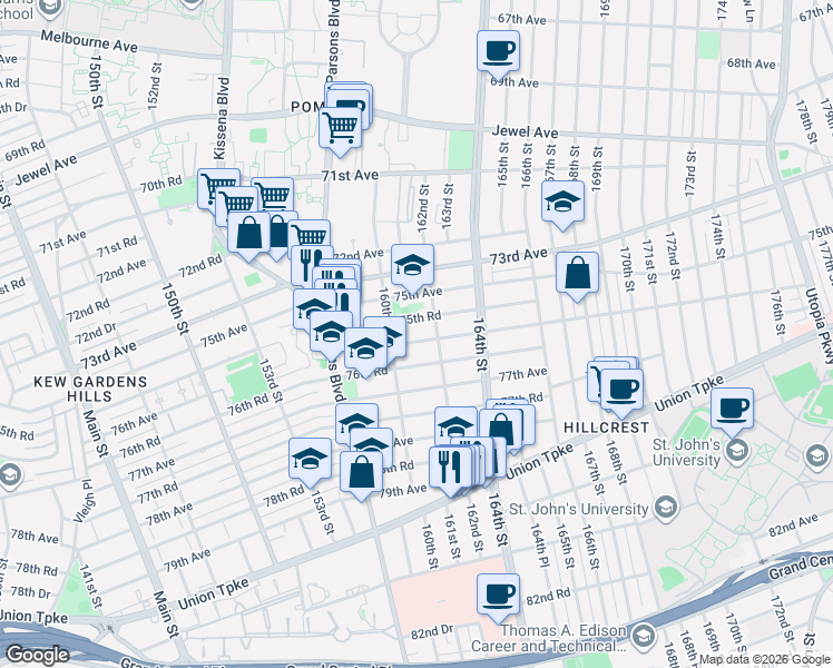 map of restaurants, bars, coffee shops, grocery stores, and more near 16019 76th Road in Queens