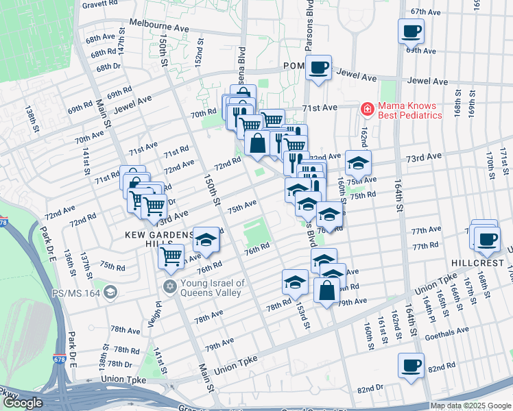 map of restaurants, bars, coffee shops, grocery stores, and more near 75-10 153rd Street in Queens