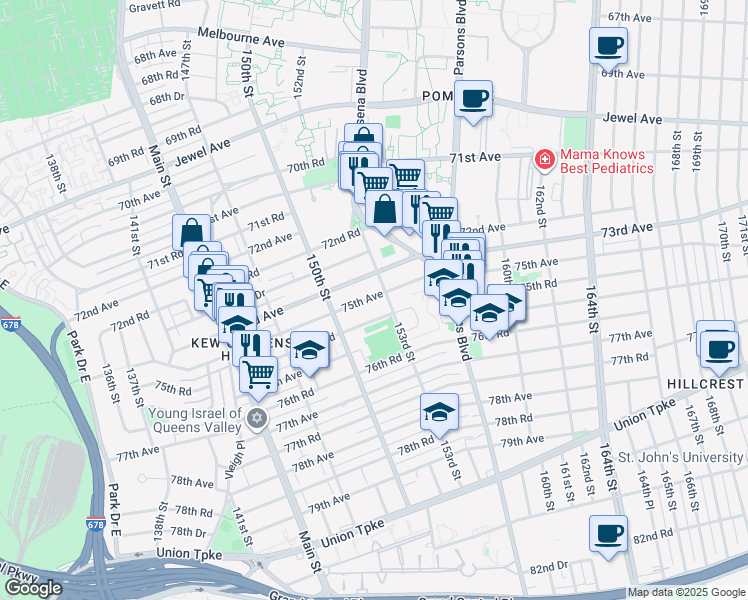 map of restaurants, bars, coffee shops, grocery stores, and more near 150-21 75th Road in Queens