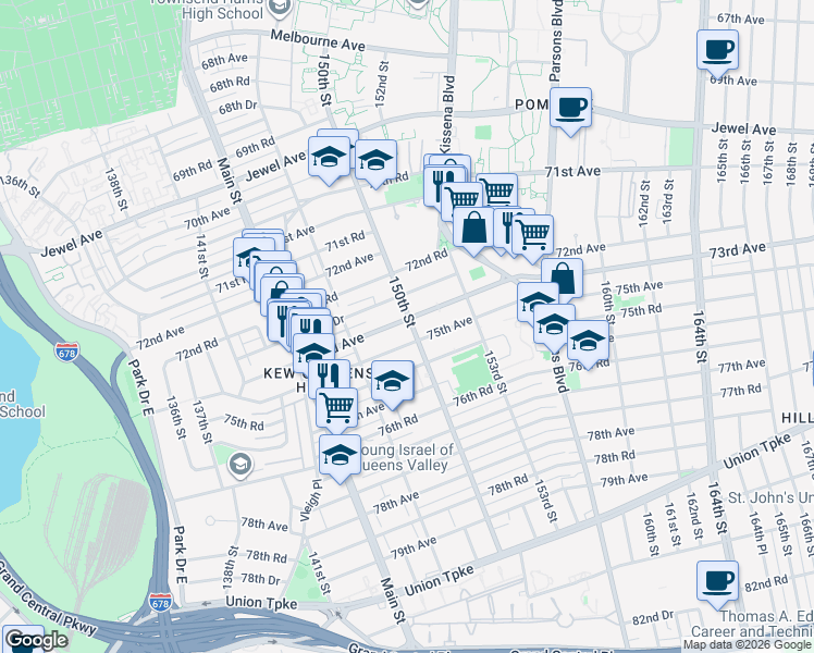 map of restaurants, bars, coffee shops, grocery stores, and more near 147-46 75th Avenue in Queens