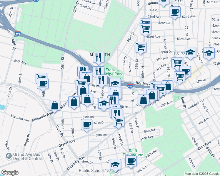 map of restaurants, bars, coffee shops, grocery stores, and more near 60-36 56th Avenue in Queens