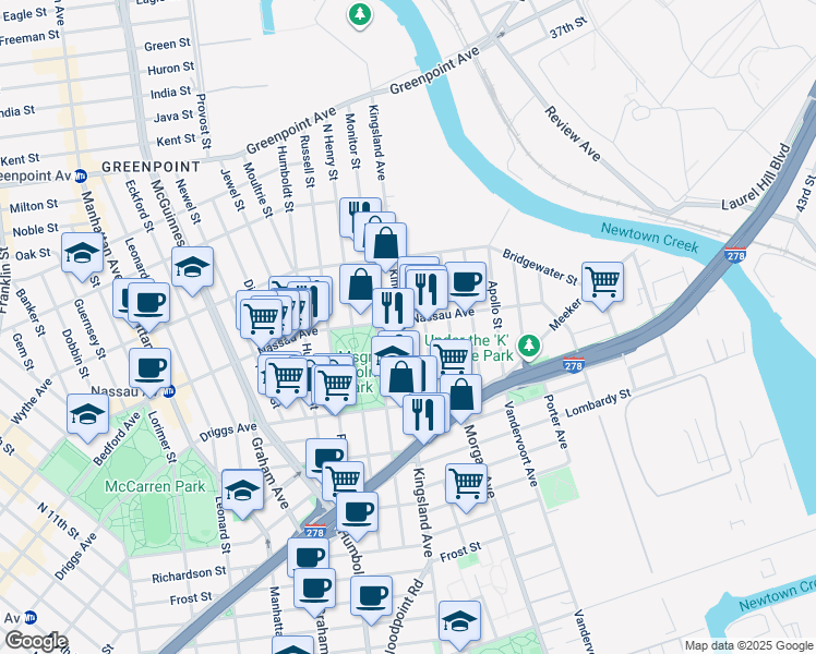 map of restaurants, bars, coffee shops, grocery stores, and more near 61 Sutton Street in Brooklyn