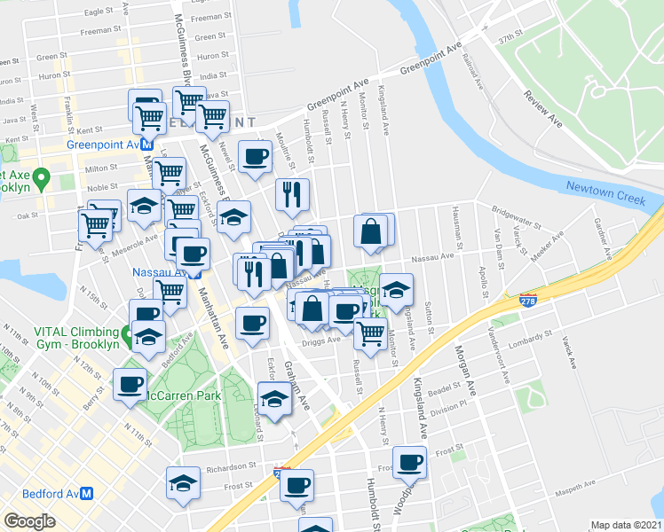 map of restaurants, bars, coffee shops, grocery stores, and more near 663 Humboldt Street in Brooklyn