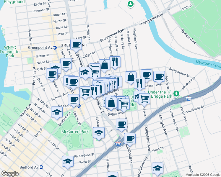 map of restaurants, bars, coffee shops, grocery stores, and more near 663 Humboldt Street in Brooklyn
