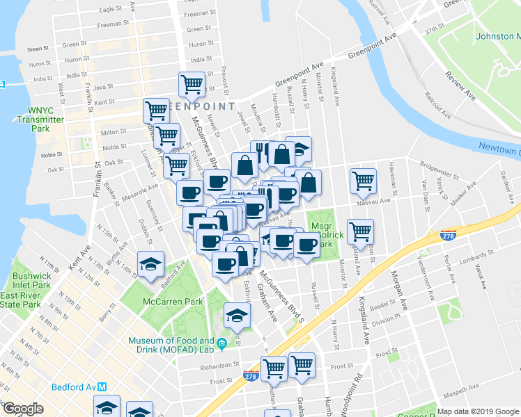 map of restaurants, bars, coffee shops, grocery stores, and more near 147 Nassau Avenue in Brooklyn