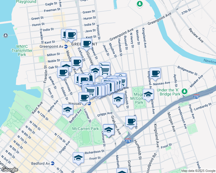 map of restaurants, bars, coffee shops, grocery stores, and more near 115 A Nassau Avenue in Brooklyn