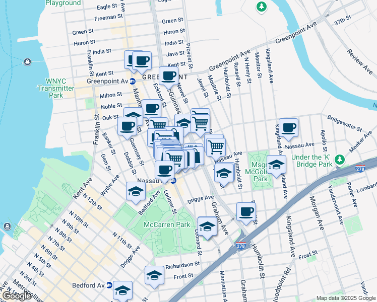 map of restaurants, bars, coffee shops, grocery stores, and more near 588 Leonard Street in Brooklyn