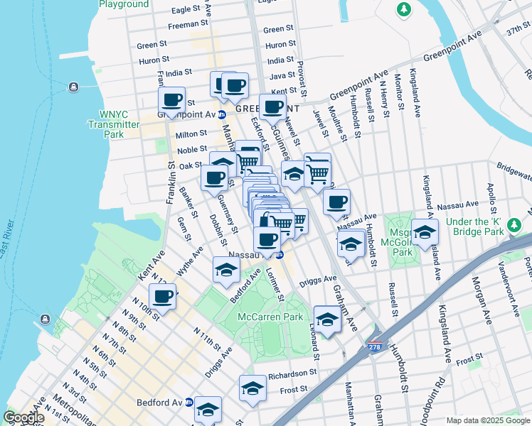 map of restaurants, bars, coffee shops, grocery stores, and more near 680 Manhattan Avenue in Brooklyn