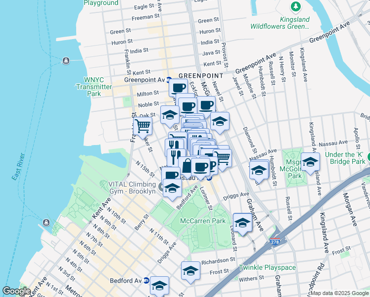 map of restaurants, bars, coffee shops, grocery stores, and more near 62 Norman Avenue in Brooklyn