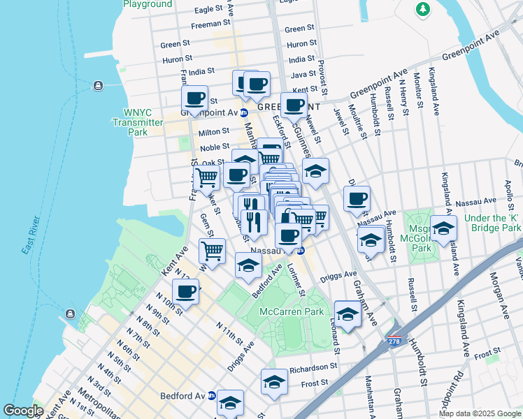 map of restaurants, bars, coffee shops, grocery stores, and more near 62 Norman Avenue in Brooklyn