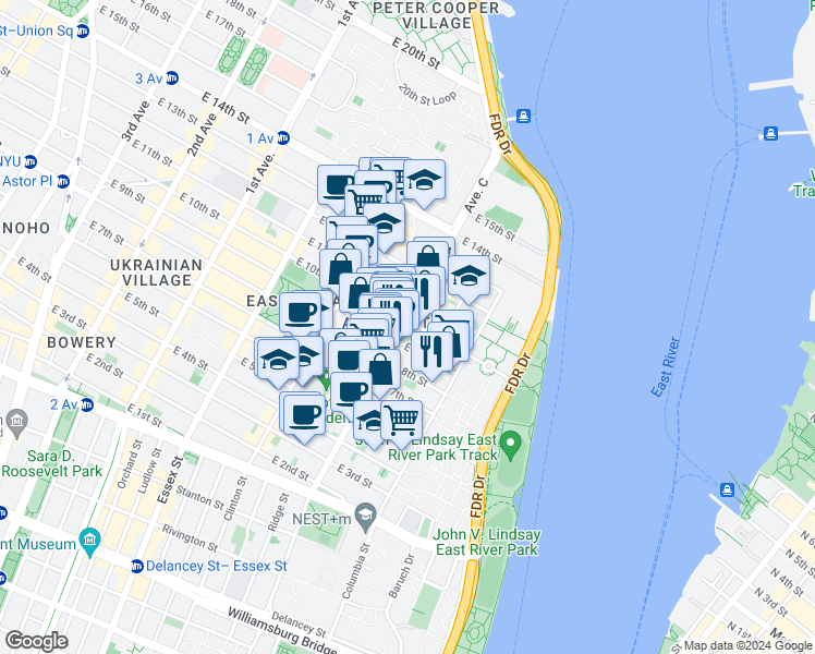 map of restaurants, bars, coffee shops, grocery stores, and more near 717 East 9th Street in New York